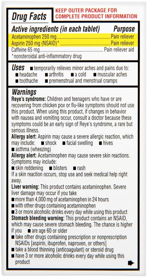 Rite Aid Extra Strength Pain Reliever, Acetaminophen 250mg, Aspirin 250mg, Caffeine 65mg – 100 Tablets | Pain Reliever/Fever Reducer | NSAID Anti-Inflammatory | Migraine Relief Products : Health & Household