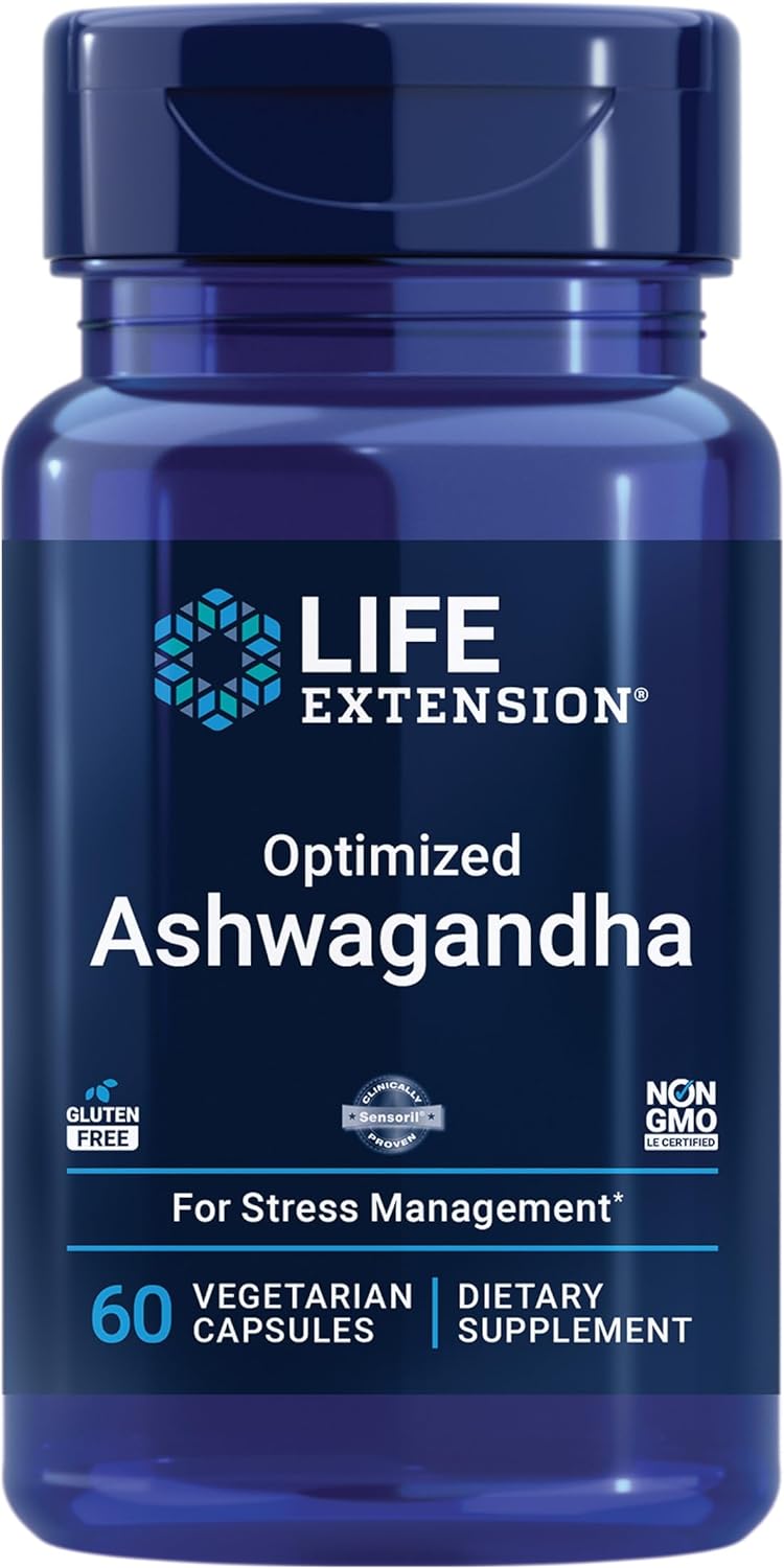 Life Extension Optimized Ashwagandha - Stress Management Supplement For A Healthy Stress Response, Focus, Memory, Stress Relief - Vegetarian, Gluten-Free, Non-Gmo, 60 Capsules