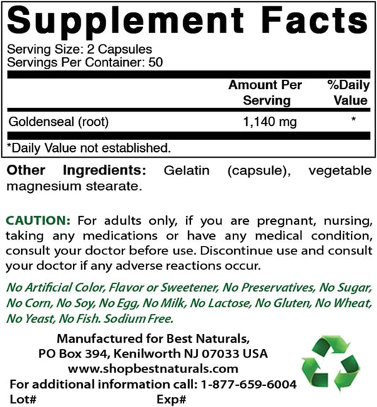 Best Naturals Goldenseal Root 570 mg (Non-GMO) 100 Capsules