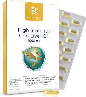 Healthspan Cod Liver Oil 1,000Mg | Rich In Omega 3 Fatty Acids Dha & Epa | Brain, Eyes & Heart Health | Vitamin A & D3 | Vision, Bones, Teeth & Immune | Sustainably Sourced (240 Capsules)