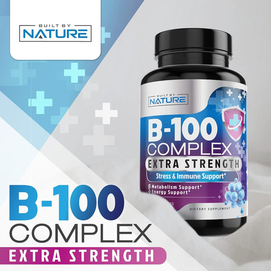 Vitamin B Complex - All B Vitamins B1, B2, B3, B5, B6, B7, B9, B12, Folic Acid, Vitamin C - Super B-100 Supplement - Immune, Energy & Metabolism Support, Vegan, Non-Gmo, Gluten Free, 60 Capsules