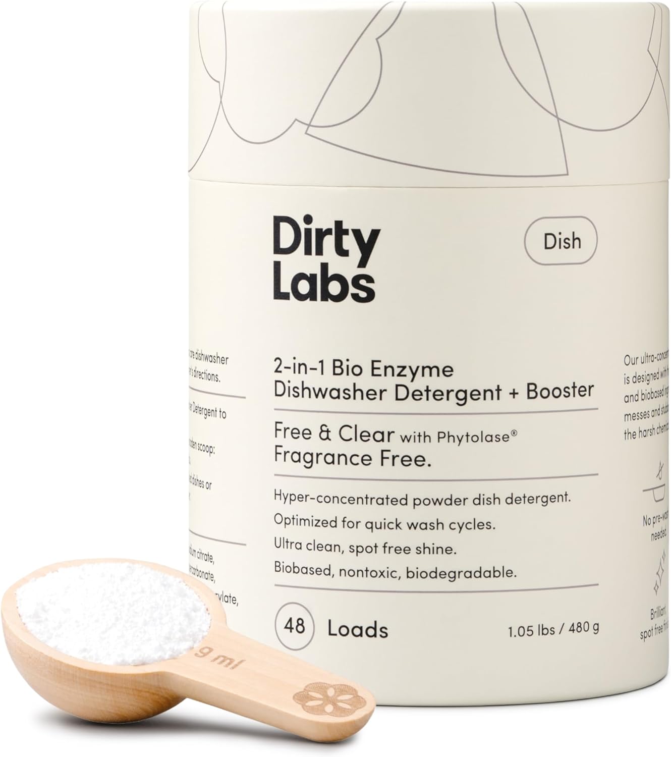 Dirty Labs | Dishwasher Detergent And Booster | Scent Free | 48 Loads (1 Lb) | Ultra Clean, Spot Free, Quick Wash Optimized | Hyper Concentrated