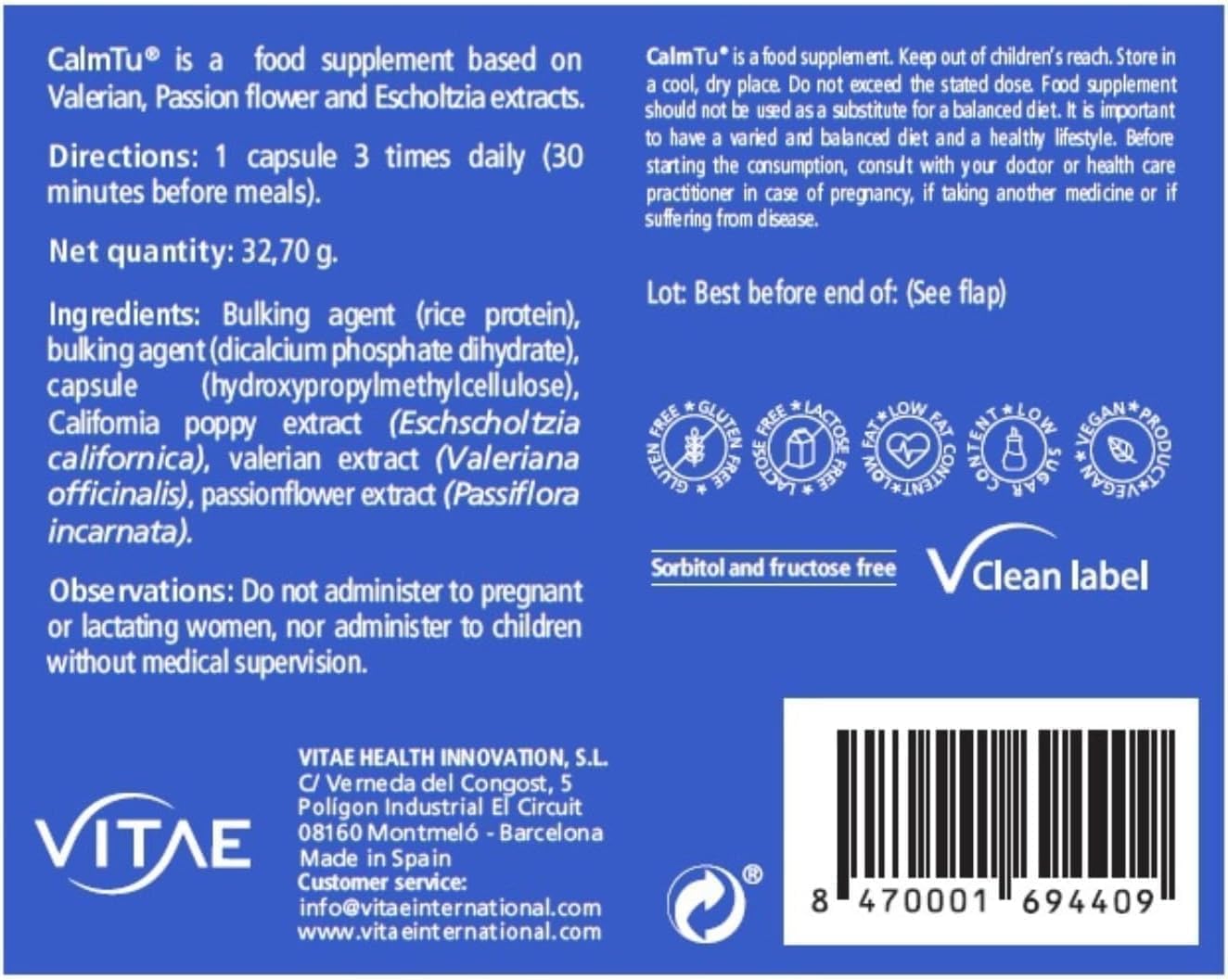 Vitae CalmTu 60 capsules | Valerian, Passionflower and California Poppy | Stress and Anxiety Management | Tranquilizing effect | No side effects | Natural Ingredients : Amazon.co.uk: Health & Personal Care
