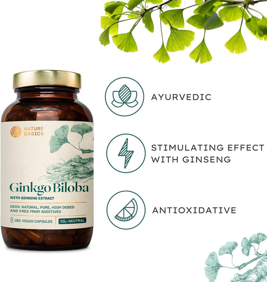 Nature Basics® Natural Ginkgo Biloba Sustainable In Amber Jar | Co2 Neutral & Additive Free | 180 Vegan Capsules | 115Mg Ginkgo Biloba & 40Mg Ginseng Extract Per Daily Dose