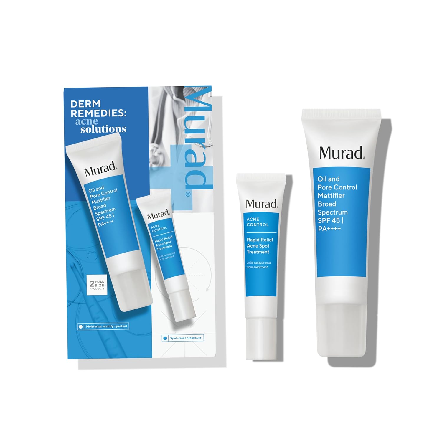 Murad Acne Solutions Value Set - 2-Piece Full Size Set ($75 Value) - Acne Fighting Skincare Set - Oil And Pore Control Mattifier Spf 45 1.7Fl Oz, Rapid Relief Acne Spot Treatment 0.5Fl Oz
