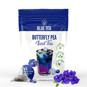 Blue Tea - Butterfly Pea Iced Tea (36 Tea Bags) | Refreshing Tea | Calming Tea - Caffeine Free- Natural Ingredients- Herbal Tea- Flower Based - Vegan - Non-Gmo| Premium Zipper Pouch