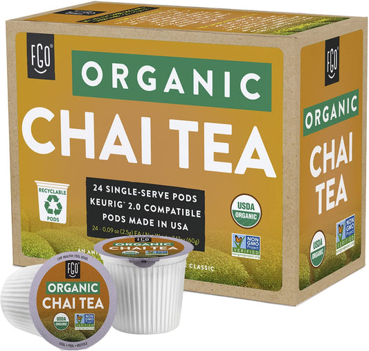 Fgo Organic Chai Black Tea K-Cup Pods For Keurig, 24 Count (Pack Of 1), Premium Black Tea With Chai Spice Is Usda Organic, Non-Gmo, & Recyclable With Naturally Occurring Caffeine
