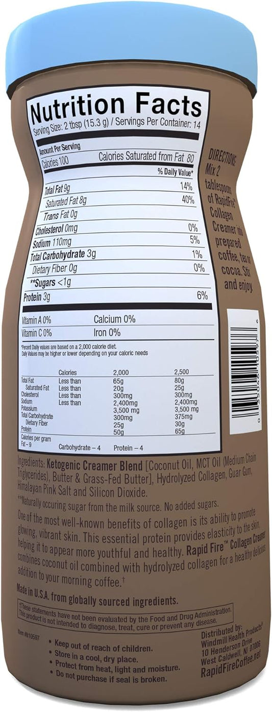 RAPID FIRE Ketogenic Collagen Creamer with MCT Oil for Coffee or Tea, Supports Energy and Metabolism, Weight Loss Diet for Hair, Skin, & Nails, 7.65 Oz