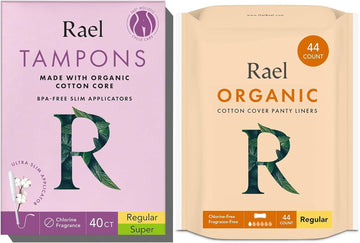 Rael Period Bundle - Bpa-Free Slim Applicator Tampon (Regular & Super, 40 Count) & Organic Cotton Cover Regular Liners (44 Count)