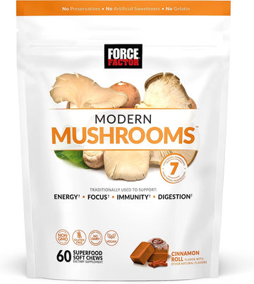 FORCE FACTOR Modern Mushrooms Soft Chews, Mushroom Supplement with Lions Mane, Turkey Tail, & Cordyceps to Support Energy, Focus, Immunity, & Digestion, Cinnamon Roll, 60 Soft Chews