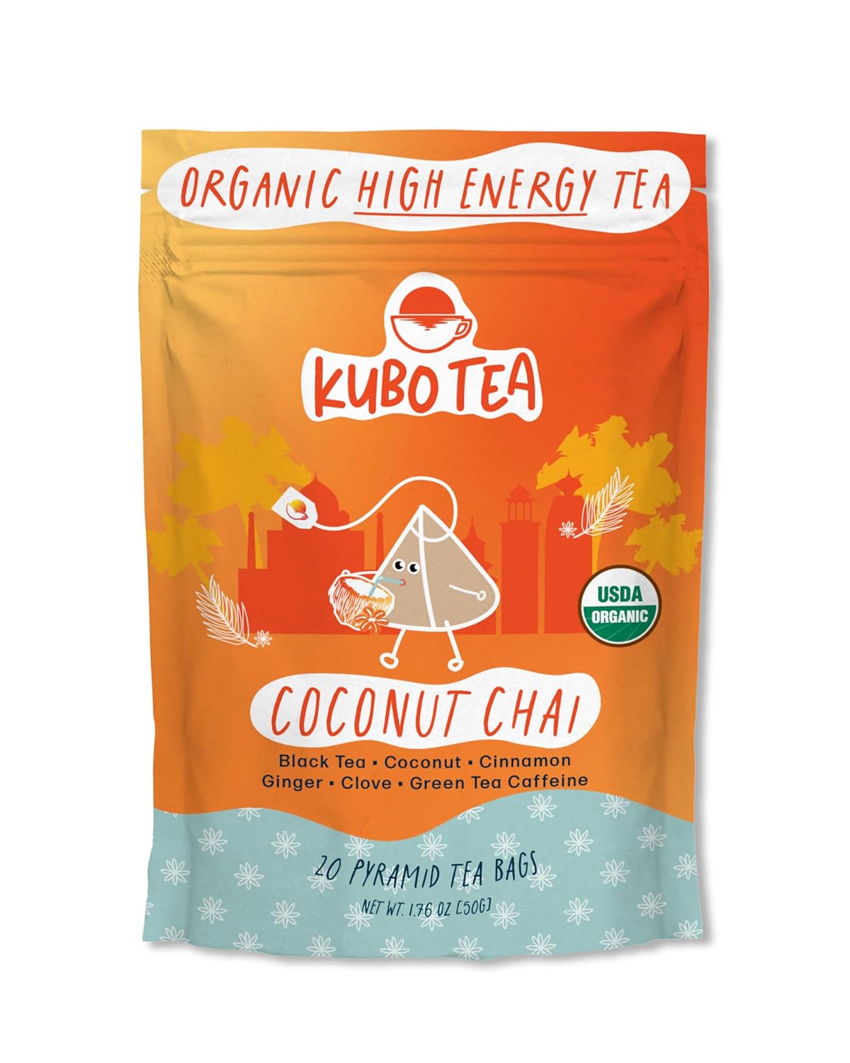 Kubo Tea, Coconut Chai Black Tea, Organic High Caffeine Blend, 20 Servings (155Mg Caffeine Each), Pyramid Tea Bags, Compostable & Biodegradable Packaging, Brew Hot Or Iced, Healthy Coffee Substitute