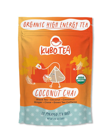 Kubo Tea, Coconut Chai Black Tea, Organic High Caffeine Blend, 20 Servings (155Mg Caffeine Each), Pyramid Tea Bags, Compostable & Biodegradable Packaging, Brew Hot Or Iced, Healthy Coffee Substitute