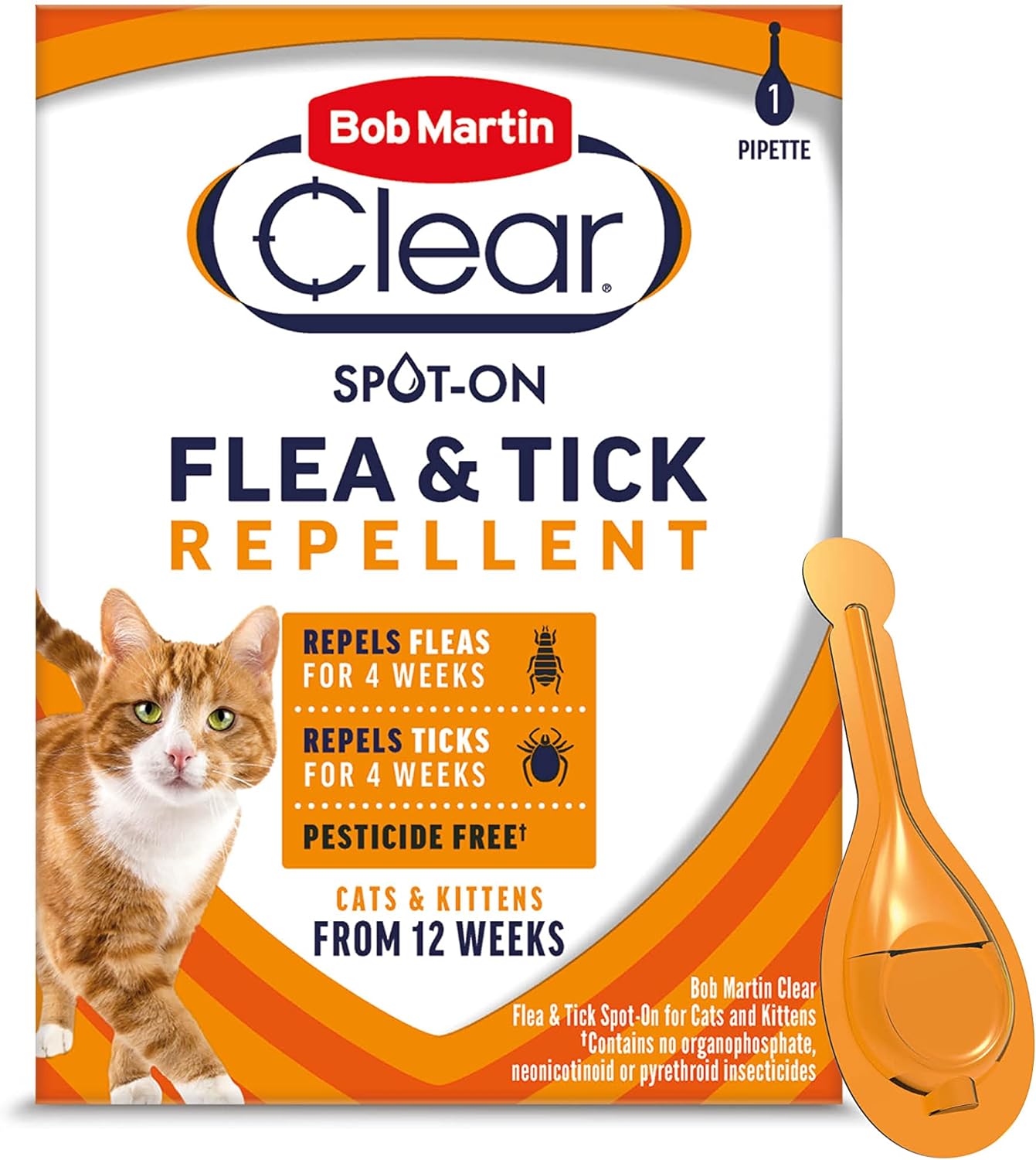 Bob Martin Clear Spot On Flea And Tick Repellent For Cats And Kittens - Pesticide-Free Protection (1 Pipette)K0171