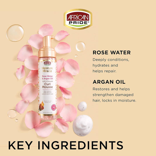 African Pride Moisture Miracle Rose Water & Argan Oil Curl Hair Mousse, Flexible Hold, Enhances Curls, Creates Wave Patterns, No Residue, Deep Moisture, Adds Shine, Strengthens & Protects Hair, 8.5 Oz