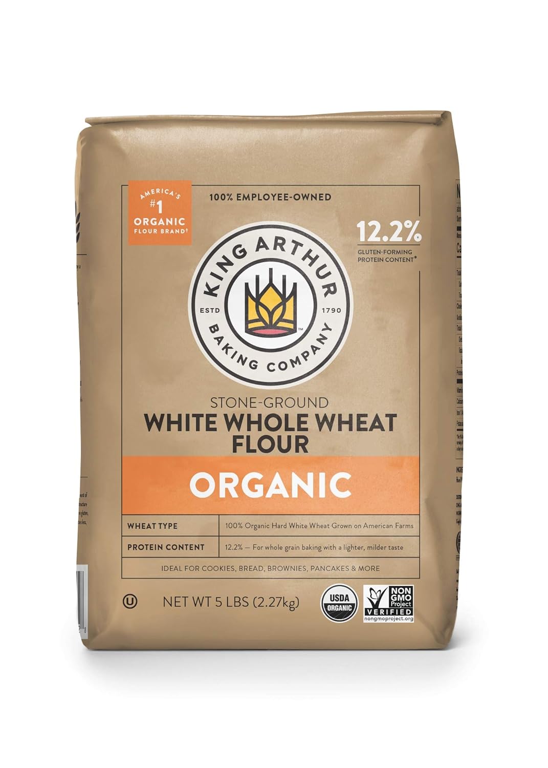 King Arthur, 100% Organic White Whole Wheat Flour, 100% Whole Grain, Non-GMO Project Verified, 5 Pounds (Pack of 6)