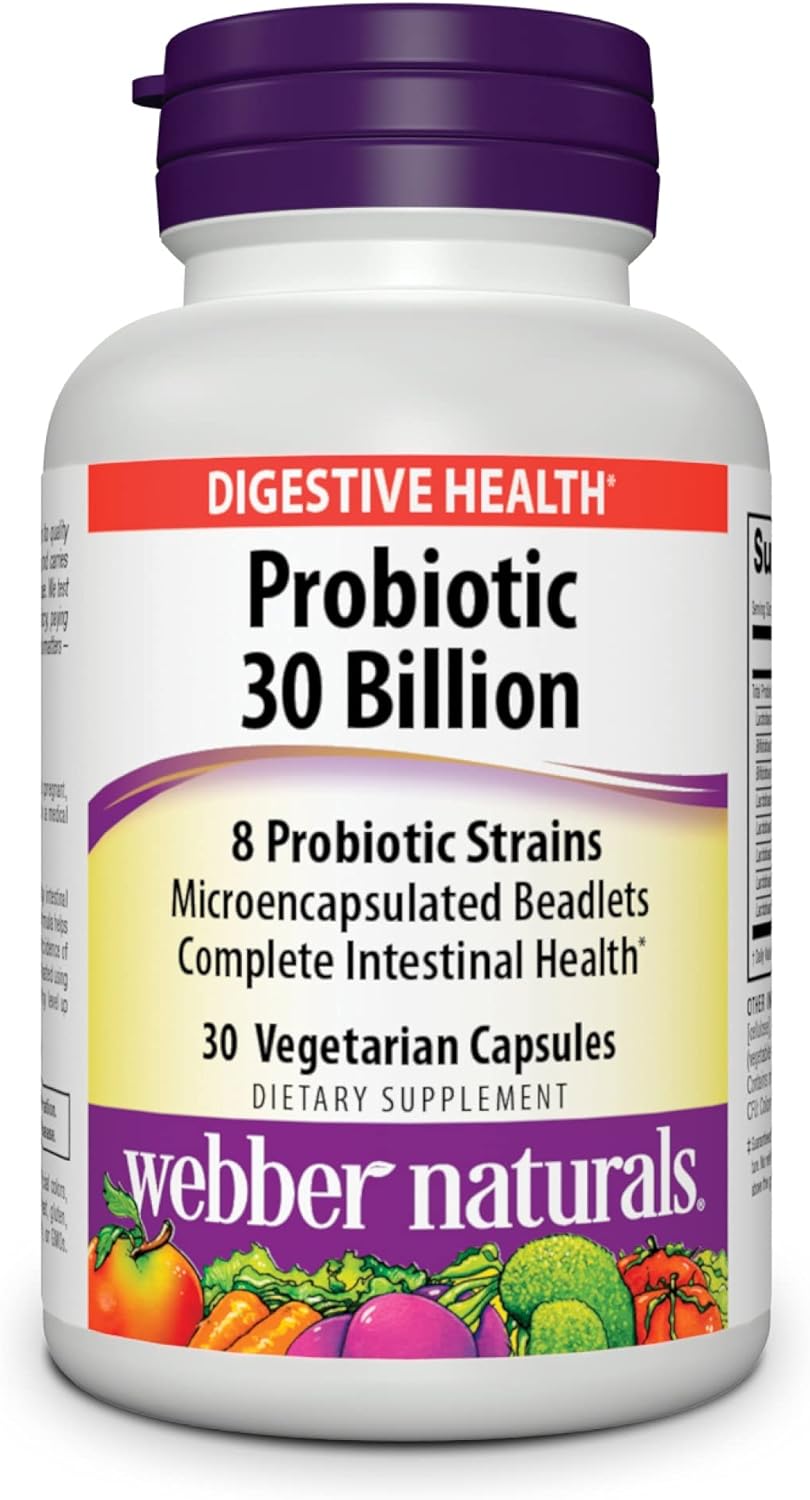 Webber Naturals High Potency 30 Billion CFU Probiotics, for Men, Women, and Adults, Shelf Stable (no Refrigeration Required), 8 Probiotic Strains, 30 Vegetarian Capsules, for Digestive Health