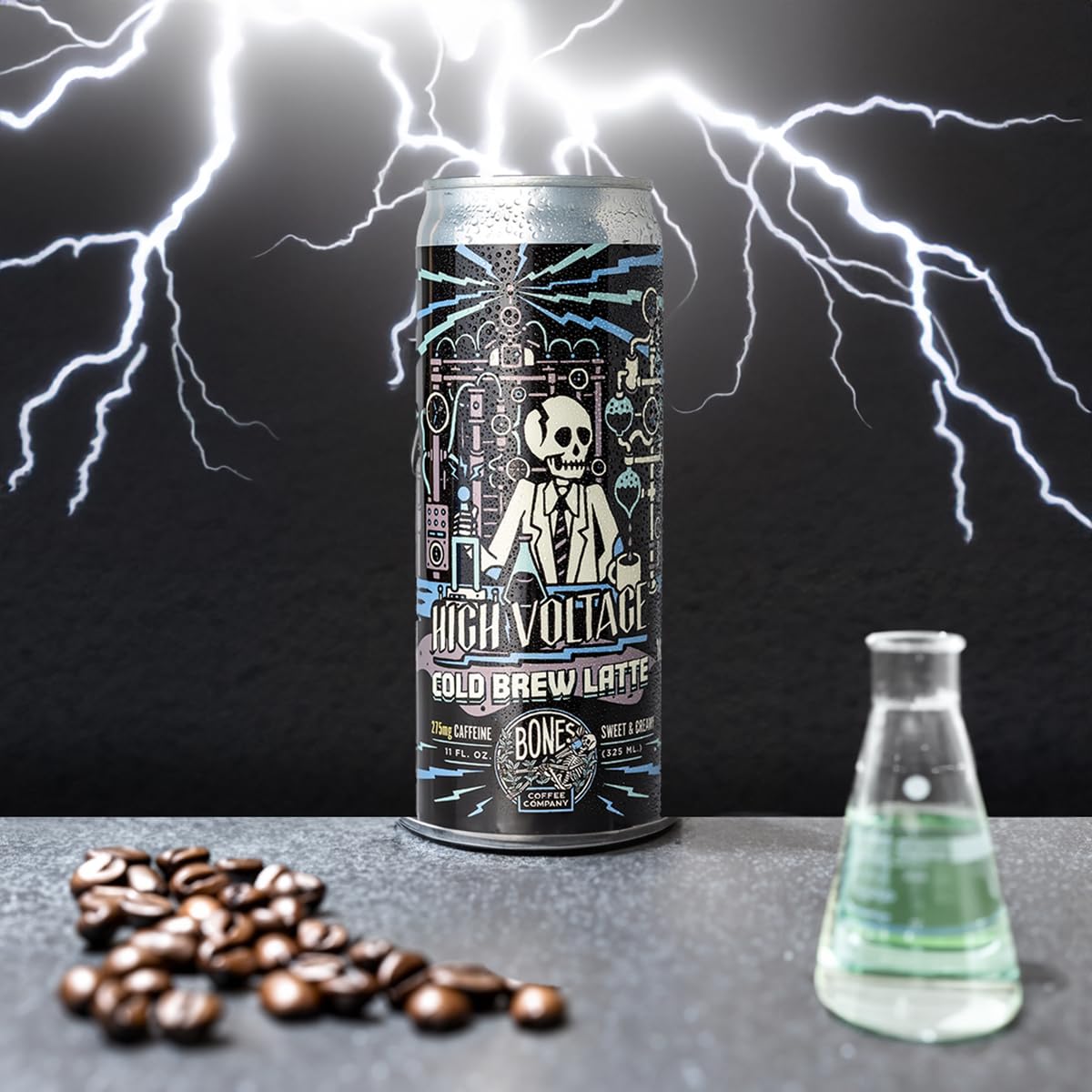 Bones Coffee Company High Voltage Flavored Coffee | Ready To Drink 100% Cold Brew Coffee Can | Cold Brew Latte Sweet and Creamy in Cans | 11 Fl Oz Can (12 Pack) : Grocery & Gourmet Food