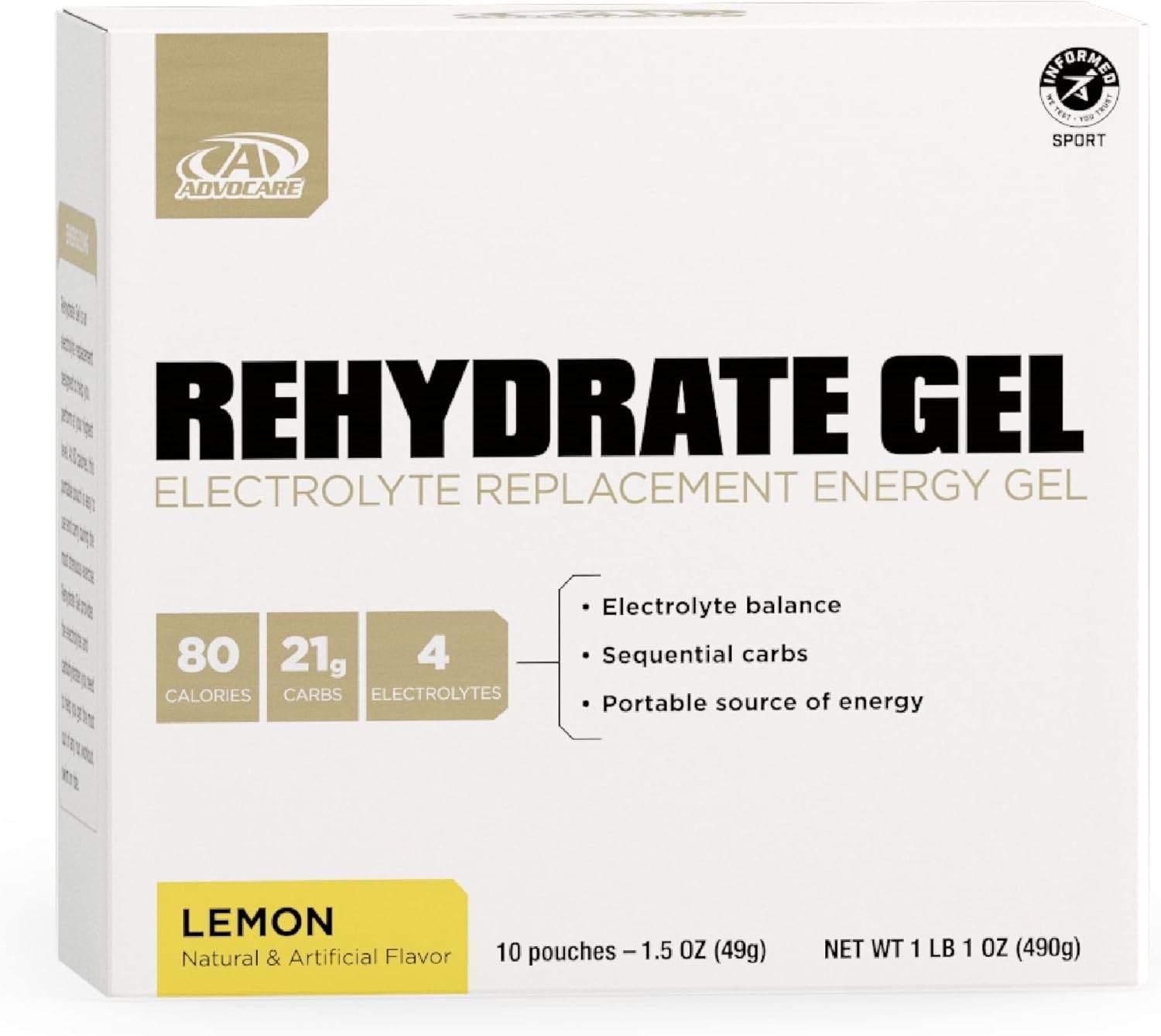 Advocare Rehydrate Gel - Pre- & Post-Workout Energy Gels For Running & Exercise - Portable Hydration Packs - Includes Sequential Carbohydrates - Lemon, 10 Pouches