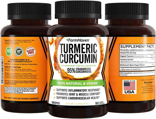 Turmeric Curcumin with BioPerine Black Pepper & 95% Curcuminoids, 1965mg, Maximum Absorption for Joint Support, Non-GMO Turmeric Capsules, Made in USA - 90 Veg Caps