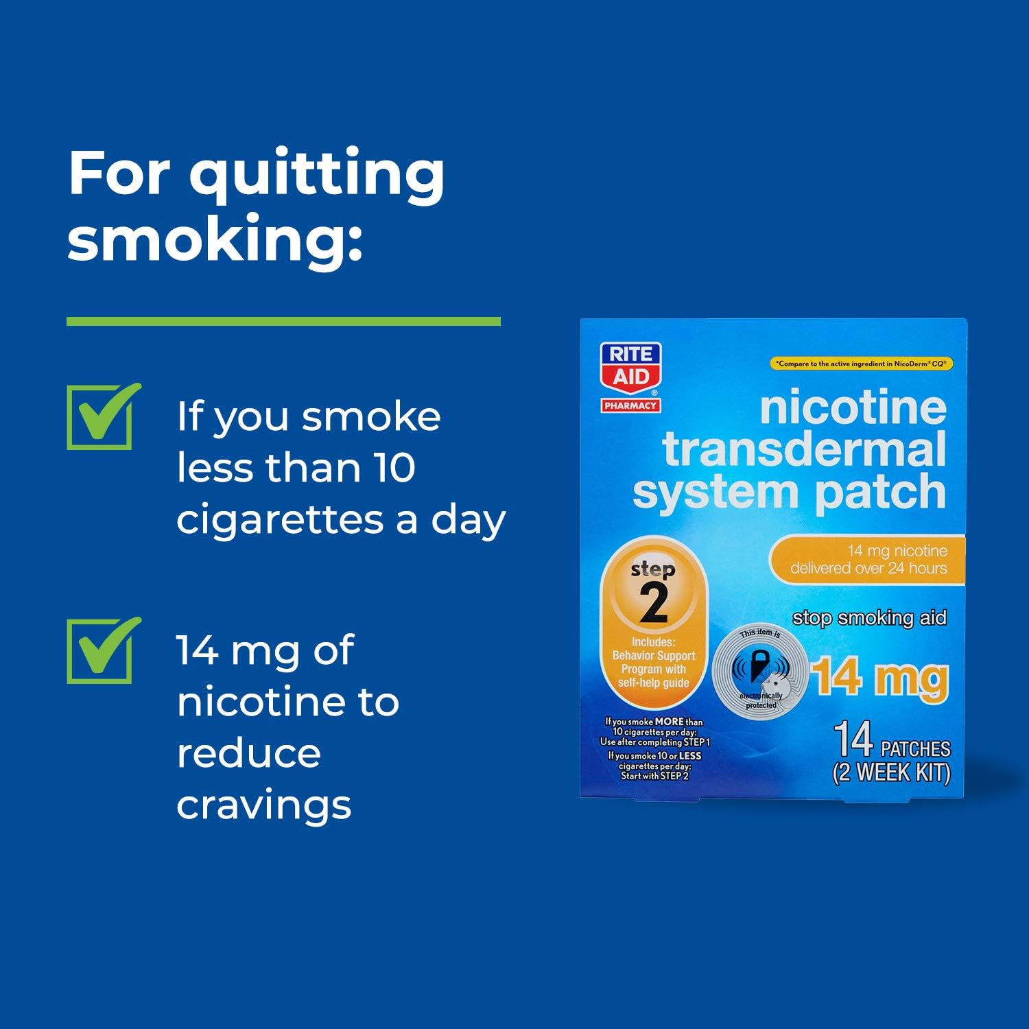 Rite Aid Nicotine Transdermal System Patch, Step 2, 14mg - 14 ct, Nicotine Patches Step 2 | Quit Smoking, Quit Smoking Aid | Nicotine Patch | Bonus Behavioral Support Program Information Included : Health & Household