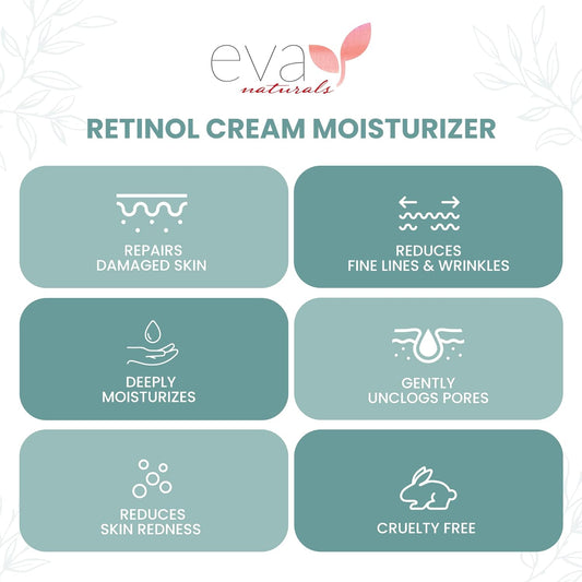 Eva Naturals Anti-Aging Retinol Cream - Day & Night Moisturizer with Hyaluronic Acid & Vitamin E, Reduces Fine Lines & Dark Spots (2 oz)