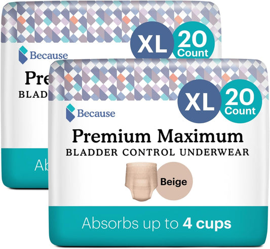 Because Premium Maximum Plus Adult Incontinence And Postpartum Bladder Leak Underwear For Women, Maximum Absorbency, Disposable, Beige, Xlarge, 40 Count (2 Packs Of 20)