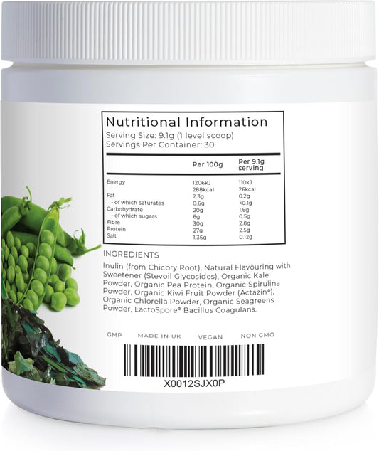 Organic Greens Superfood Powder, Prebiotics & Probiotics, Pea Protein & Actazin Kiwi Extract For Gut Health, High Dose Green Vegetables, Orange And Lime Flavour, 273G - 30 Servings