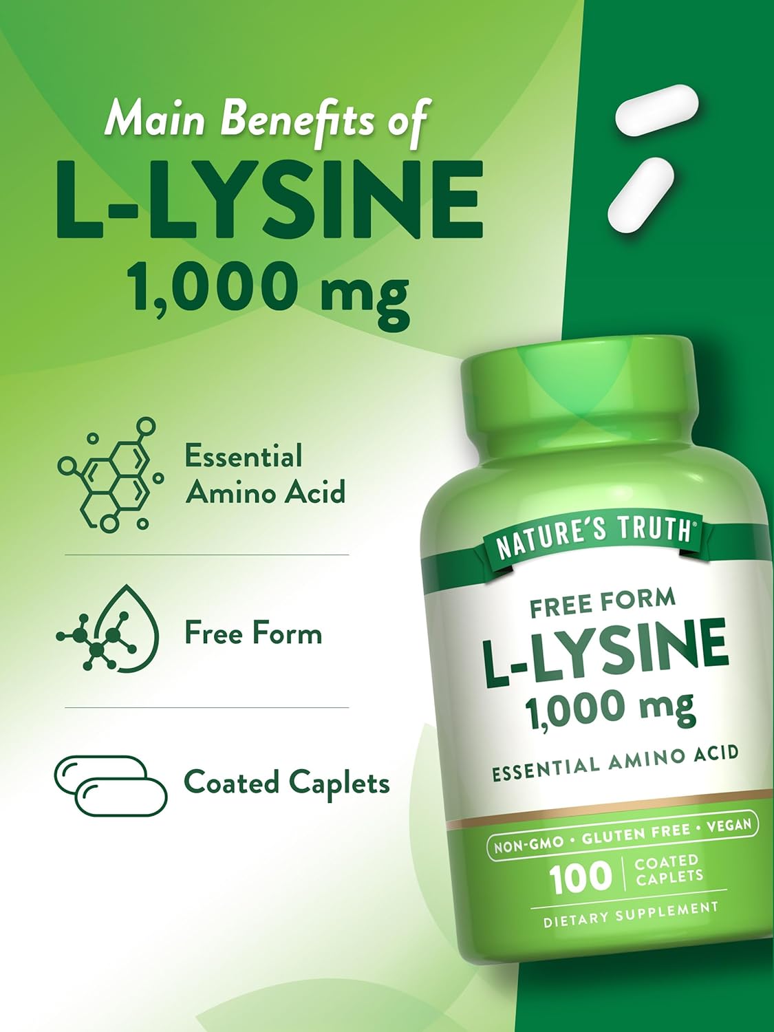 Nature's Truth L Lysine 1000mg | 100 Coated Caplets | Free Form | Vegan, Non-GMO, & Gluten Free Supplement : Health & Household