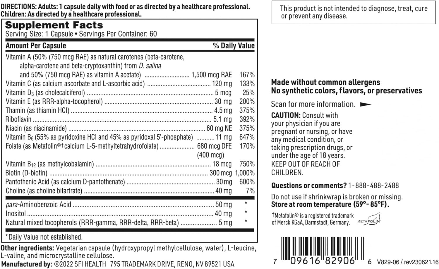 Klaire Labs Multi-Vitamin Complex - Once-Daily Mineral-Free Multivitamin with Metafolin Folate, Vitamin B6 & B12 (60 Capsules) : Health & Household