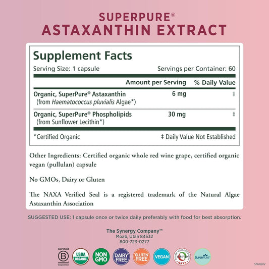 PURE SYNERGY SuperPure Astaxanthin Extract | Organic Astaxanthin Supplement | Vegan Astaxanthin from Algae with Sunflower Lecithin | Antioxidant Support for Skin, Eye, and Joint Health (60 Capsules)