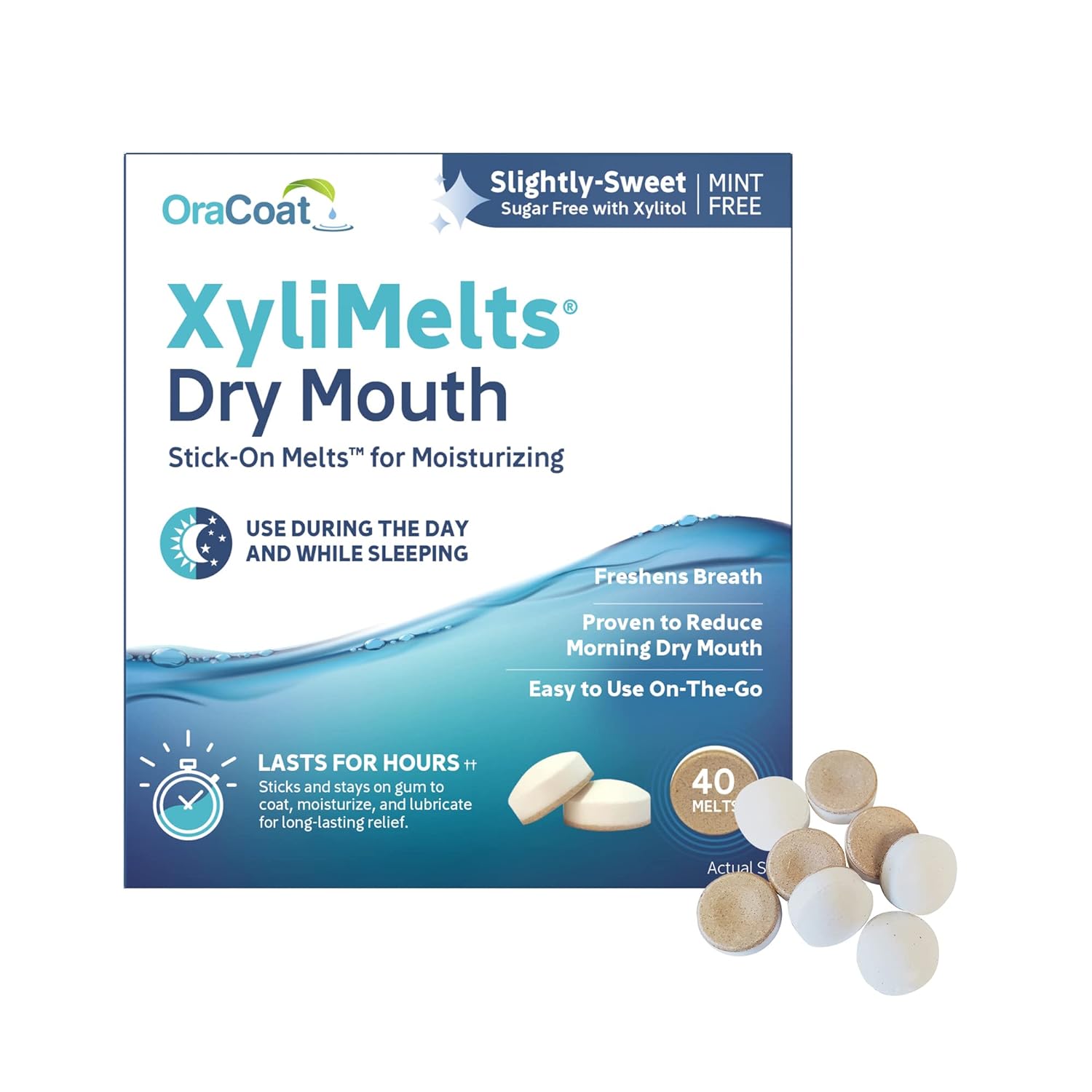 Oracoat Xylimelts Dry Mouth Relief Moisturizing Oral Adhering Discs 40 Count, Slightly-Sweet With Xylitol, For Dry Mouth, Stimulates Saliva