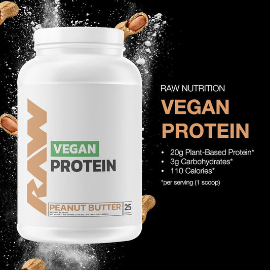 RAW Vegan Protein Powder, Peanut Butter - 20g of Plant-Based Protein Powder & Fortified with Vitamins for Muscle Growth & Recovery - Low-Fat, Low Carb, Naturally Flavored & Sweetened - 25 Servings
