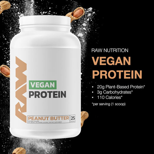 Raw Vegan Protein Powder, Peanut Butter - 20G Of Plant-Based Protein Powder & Fortified With Vitamins For Muscle Growth & Recovery - Low-Fat, Low Carb, Naturally Flavored & Sweetened - 25 Servings