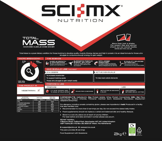 Sci-Mx Total Mass - Advanced Muscle Mass Gainer Protein Powder - Muscle Growth & Weight Gain - Cookies & Cream • 30G Protein + 477 Calories Per Serving • 2Kg