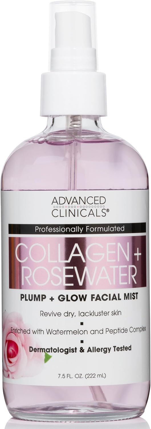 Advanced Clinicals Collagen + Rosewater Face Toner Skin Care Reviving & Hydrating Facial Mist For Face, Non-Greasy Instant Hydration Face Spray W/Pure Rose Water, Collage, & Natural Extracts, 8 Fl Oz