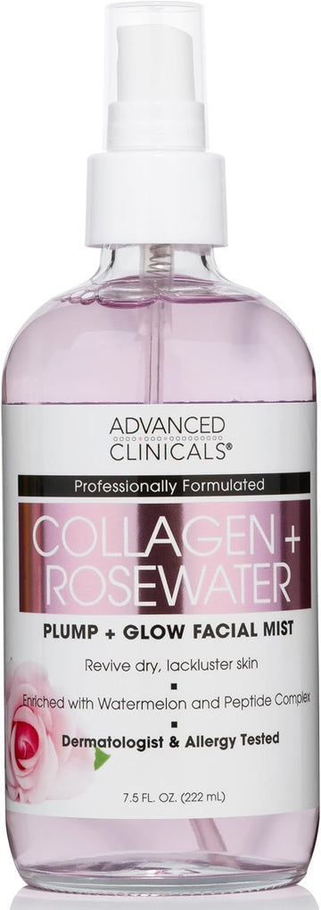 Advanced Clinicals Collagen + Rosewater Face Toner Skin Care Reviving & Hydrating Facial Mist For Face, Non-Greasy Instant Hydration Face Spray W/Pure Rose Water, Collage, & Natural Extracts, 8 Fl Oz
