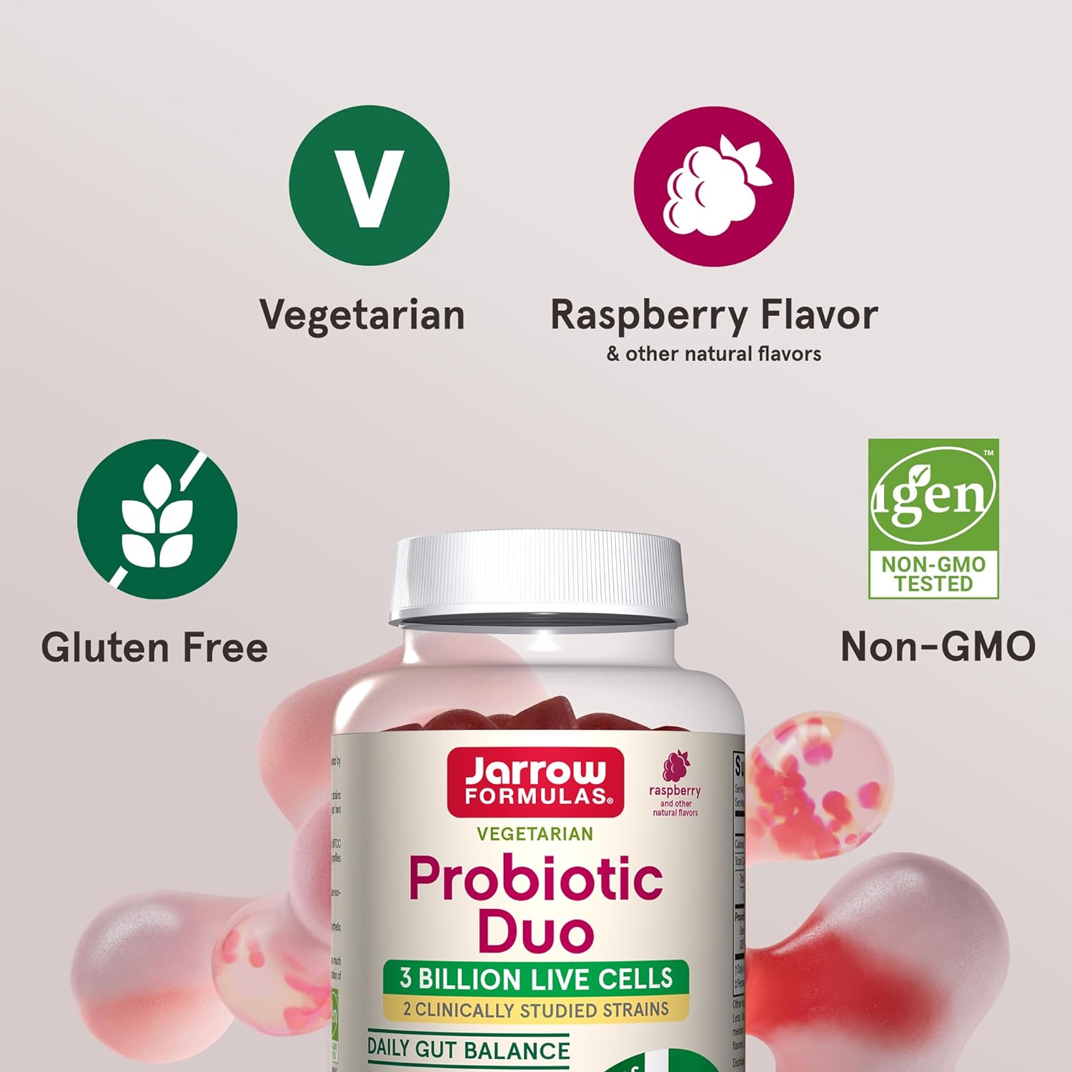 Jarrow Formulas Probiotic Duo 3 Billion Live Cells With 2 Clinically-Studied Strains, Dietary Supplement for Digestive and Immune Health Support, 90 Raspberry-Flavored Gummies, 45 Day Supply