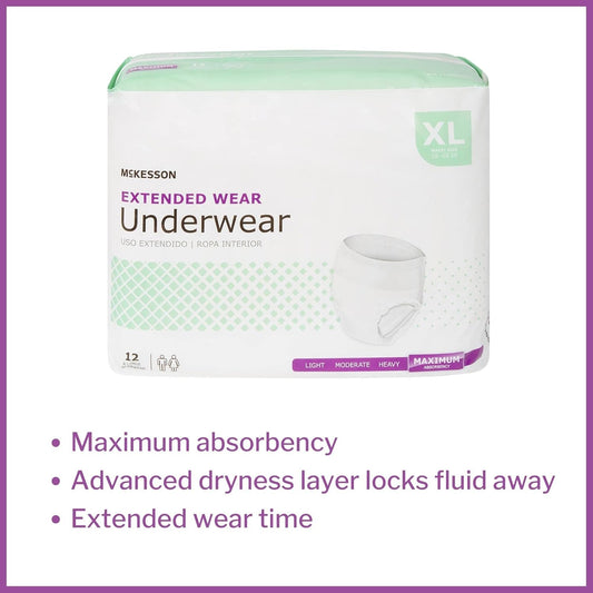 Mckesson Extended Wear Underwear, Incontinence, Maximum Absorbency, Xl, 12 Count