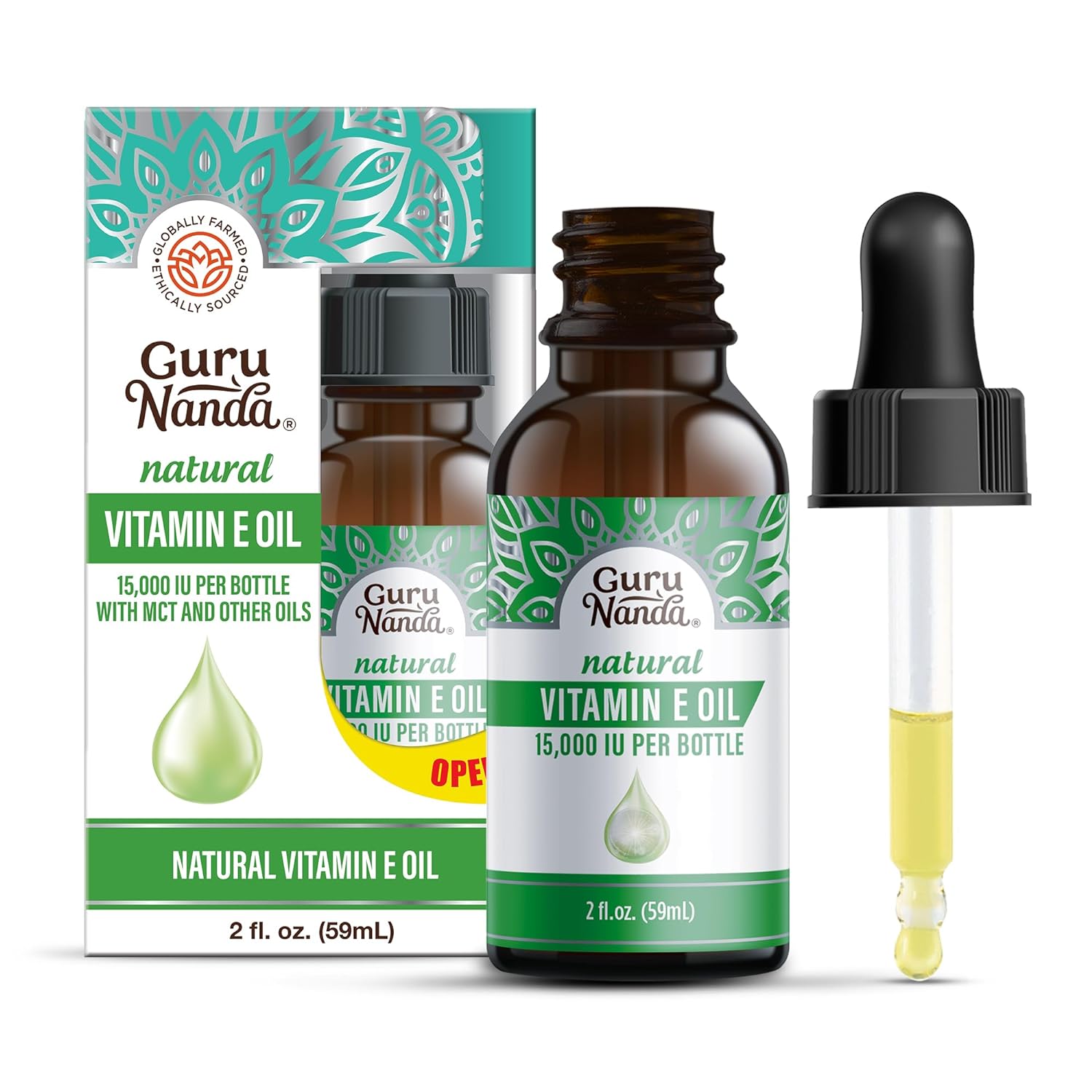 Gurunanda Vitamin E Oil (2 Fl Oz) - 100% Pure & Natural, 15,000 Iu Per Bottle For Skin, Hair, Face, Nails & Scars - With Coconut Oil To Help Nourish & Moisture - Non-Gmo, Vegan & No Soybean