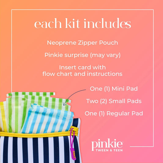 First Period Pinkie Prep - Pouch with 4 Ultra Thin Organic Cotton Topsheet Pads - Mini, Small and Regular Size Pads w/Wings - Grab-n-Go Period Travel Kit - Fragrance and Chlorine-Free Pads