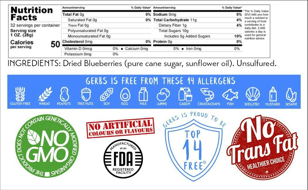 GERBS Dried Blueberries 2 LBS. | Freshly Dehydrated Re-sealable Bulk Bag | Top 14 Food Allergy Free | Sulfur Dioxide Free blue berries | Brain & immune system booster | Gluten, Peanut, Tree Nut Free : Grocery & Gourmet Food