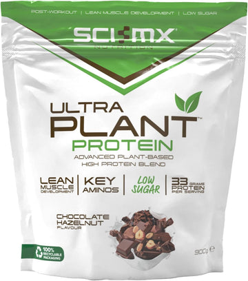 Sci-Mx Ultra Plant - Chocolate Hazelnut Flavour Vegan Protein Powder Blend + Vitamin B Compex - Muscle Growth & Maintenance - Low Sugar, Non-Gmo - 900G (20 Servings) 34G Protein Per Serving
