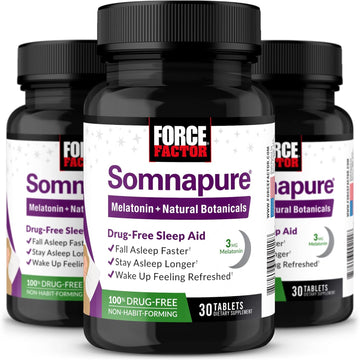 Force Factor Somnapure, 3-Pack, Sleep Support for Adults for Occasional Sleeplessness with Melatonin & Valerian, Non-Habit-Forming Sleeping Pills, Fall Asleep Faster, Wake Up Refreshed, 90 Tablets