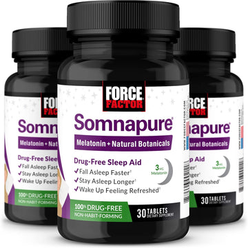 Force Factor Somnapure, 3-Pack, Sleep Support For Adults For Occasional Sleeplessness With Melatonin & Valerian, Non-Habit-Forming Sleeping Pills, Fall Asleep Faster, Wake Up Refreshed, 90 Tablets