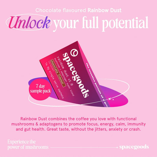 Spacegoods Rainbow Dust 7 Day Sachet Pack | Flavoured Mushroom Coffee | 80Mg Of Natural Caffeine | Lions Mane, Chaga, Ashwagandha & Vitamin B5 | Experience Sharper Focus, Energy & Calm | Chocolate