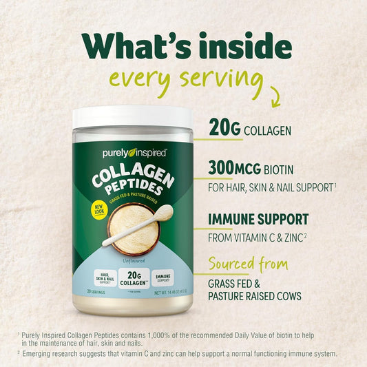 Purely Inspired Collagen Powder, 18 Single Serve Packets, Unflavored - 20G Collagen Peptides Protein Powder For Women & Men - Grass-Fed & Pasture Raised - Gluten-Free, Paleo & Keto-Friendly