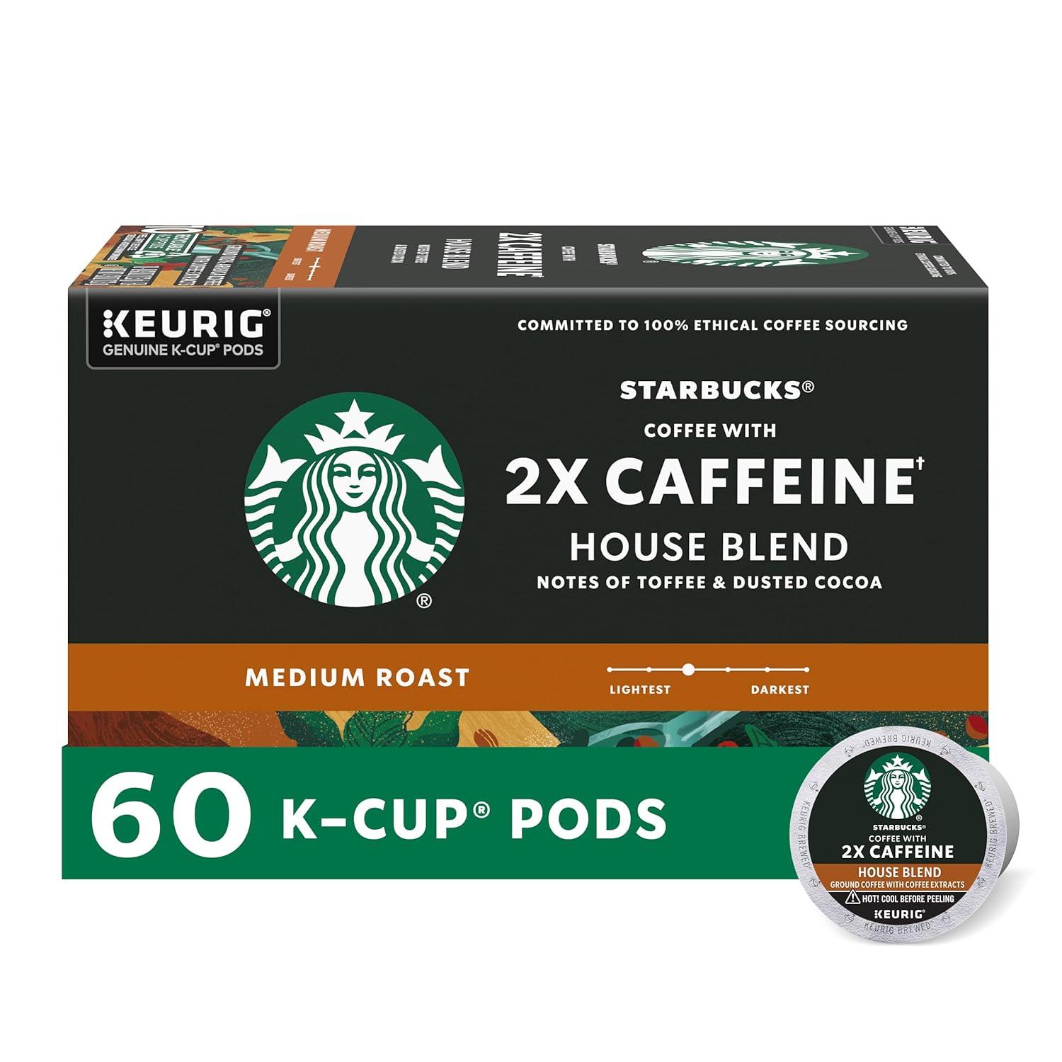 Starbucks K-Cup Coffee Pods, Medium Roast Coffee With 2X Caffeine House Blend For Keurig Coffee Makers, 100% Arabica, 6 Boxes (60 Pods Total)
