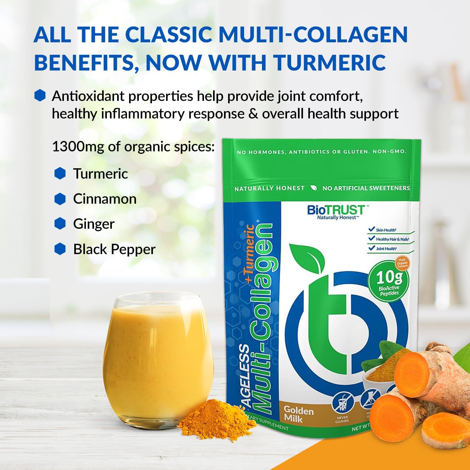 BioTrust Collagen Powder with Turmeric – 5 Types (I, II, III, V, X) – Turmeric Collagen Powder for Women & Men – Hydrolyzed Protein – Grass Fed Beef, Fish, Chicken, Eggshell Membrane (Golden Milk) : Health & Household