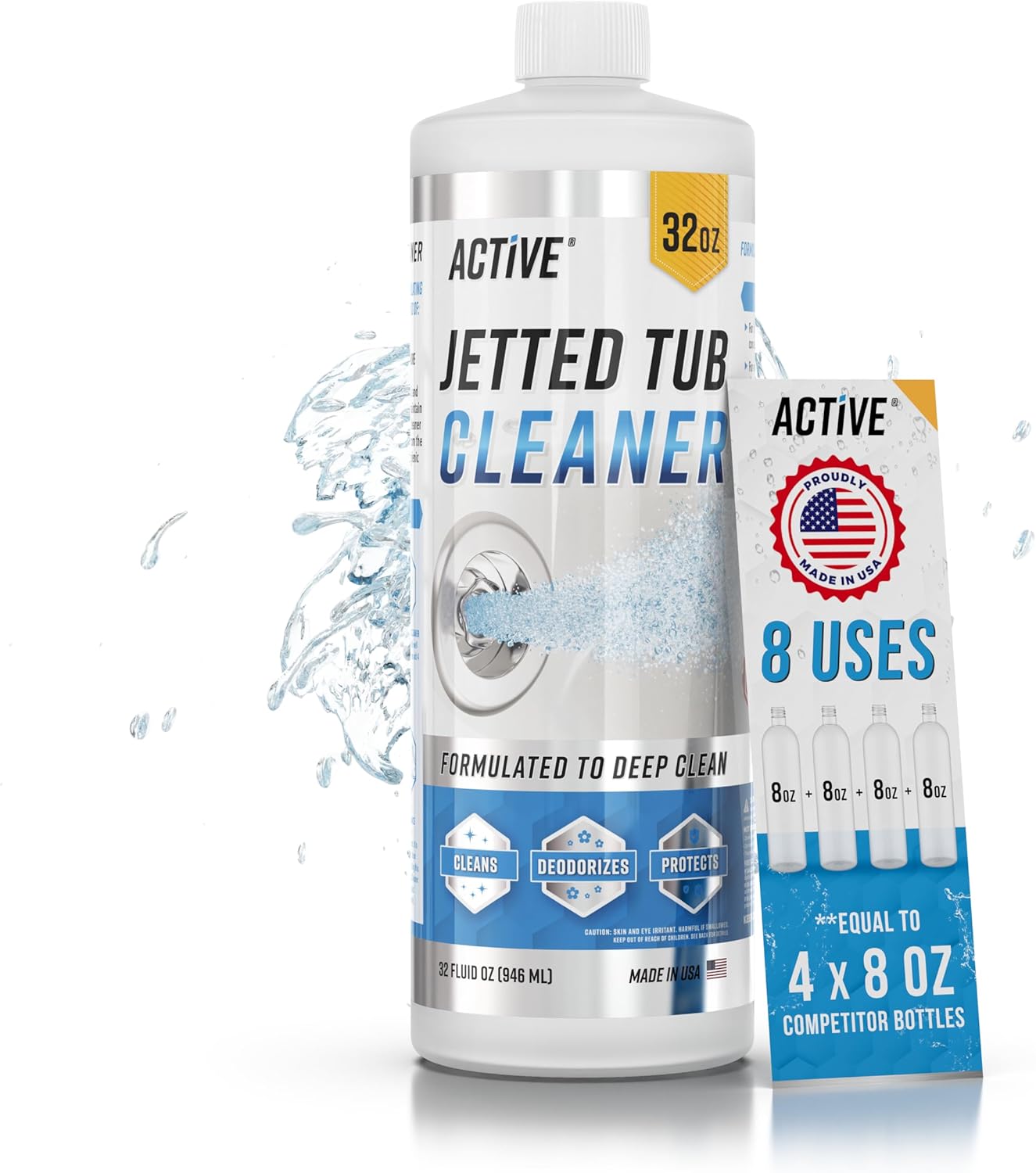 Active Jetted Tub Cleaner Bathtub Cleaning - 32Oz (8 Uses) Bath Jet Cleaner For Whirlpool & Spa Bath System, Compatible With Jacuzzi Jets, Whirl Tubs, Professional Septic Safe Solution - Made In Usa