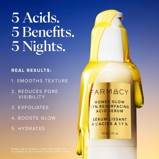 Farmacy Honey Glow 17% AHA & BHA Resurfacing Night Serum - Facial Serum with Hyaluronic Acid - Reduces Fine Lines & Pores (1 Fl. Oz.)